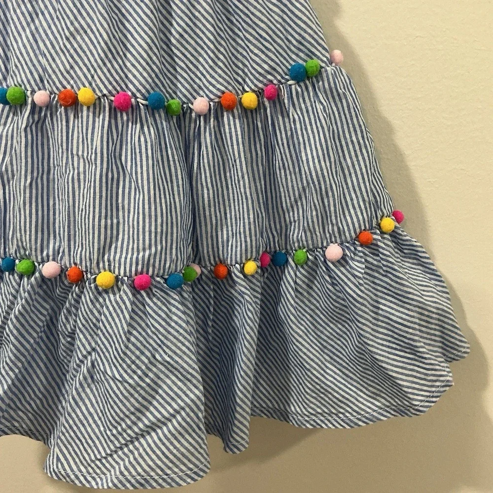 Tommy Bahama Girls Size 3T Dress Blue White Stripe Pom Pom Tiered Beach Vacation